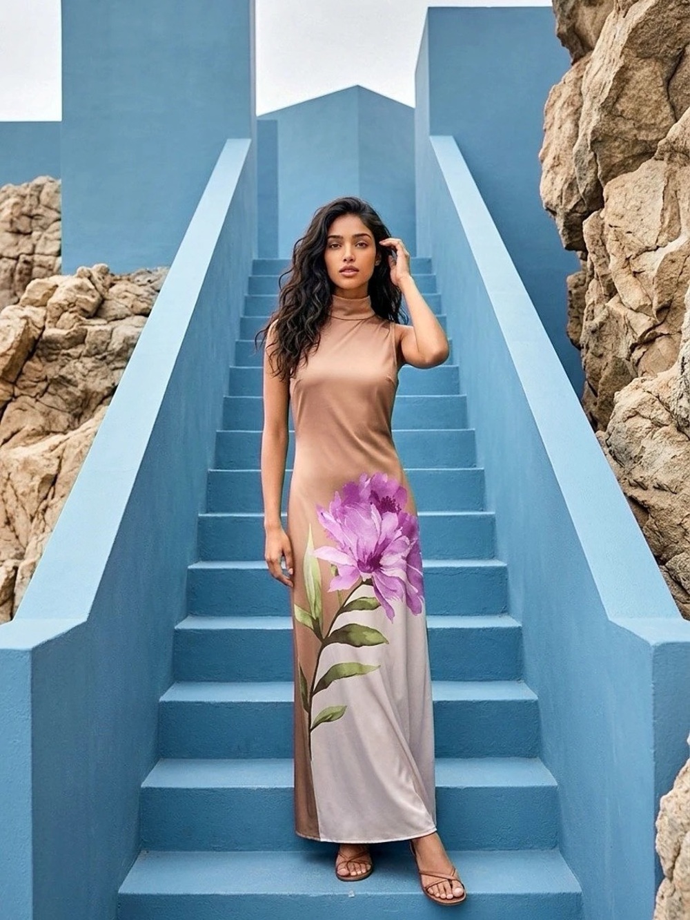 Floral Maxi Dress in Brown & Purple - New Without Tags